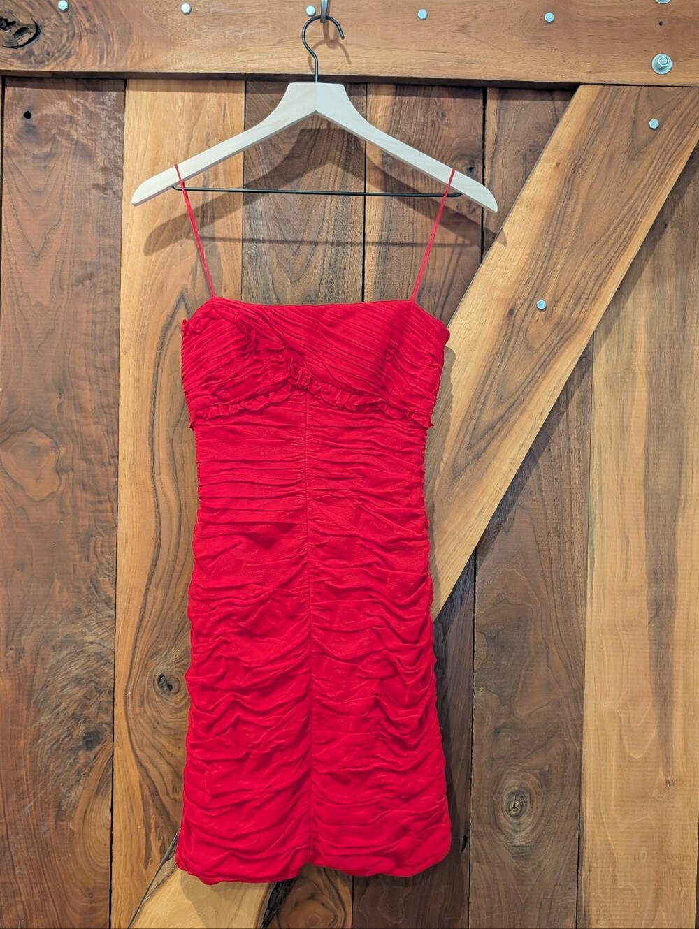 Cache Red Ruched Spaghetti Strap Mini Dress